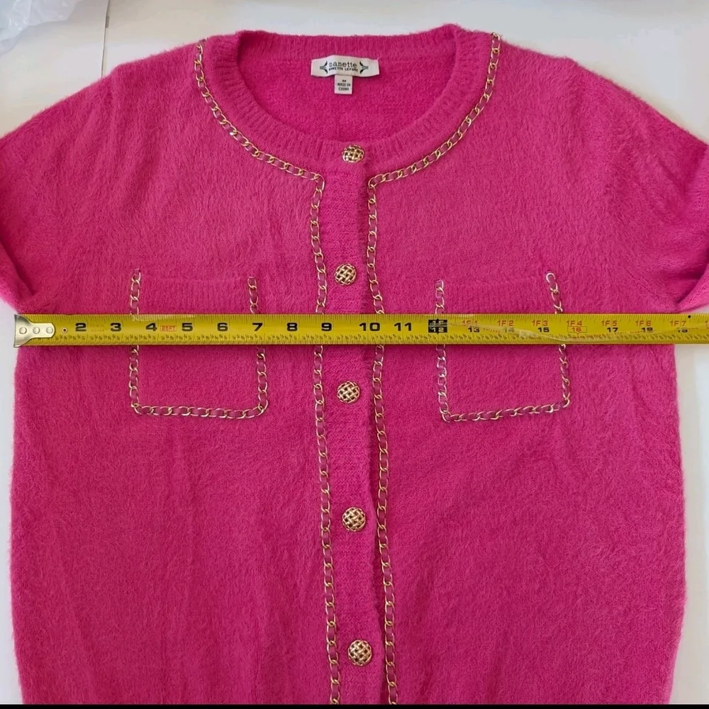 Nanette Lepore Pink Fuzzy Cardigan Medium ‎ Gold Chain Trim/Buttons Real Pockets